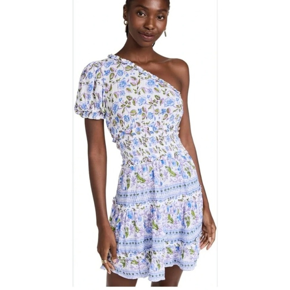 Playa Lucila One Shoulder Dress White Blue Smocked Mini Cottage Ruffles NWT Sz S